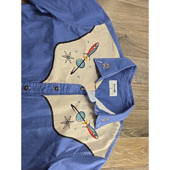 BoozeLeLe 1950s Atomic Rocket Western Button-Down Shirt Mens Medium Blue - Picture 6 of 10